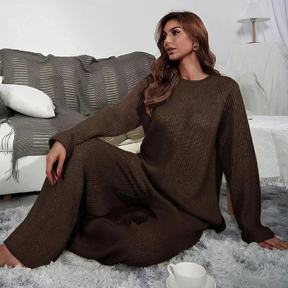 Brown Casual Womens Raglan Sleeve Sweater & Knit Wide Leg Pants - Picture 3 of 5